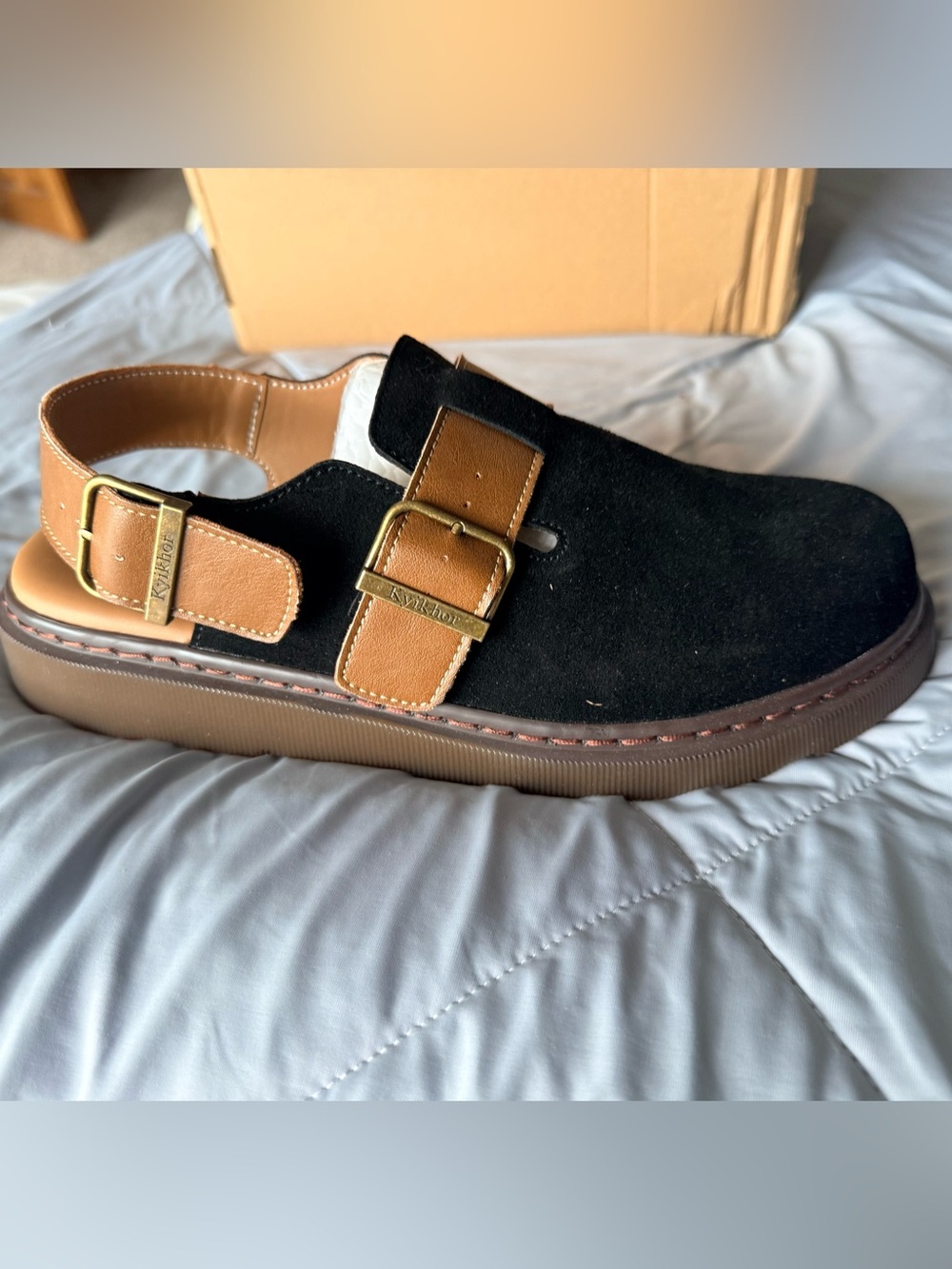 Women’s Black Suede Slingback Casual Shoe with Tan Buckle Accents